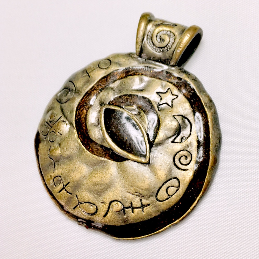Etched Aged Gold Bronze Brown Glitter Enamel Astrology Pendant For Necklace
